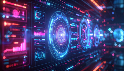 Obraz premium Futuristic Display: A stunning display of futuristic technology, featuring vibrant neon lights and intricate digital interfaces, creating an immersive atmosphere of innovation and progress. 