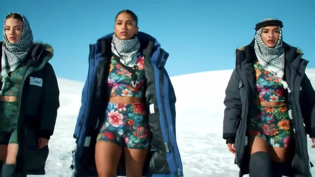 Three women in striking winter fashion stride confidently across a snowy landscape. This scene is perfect for fashion campaigns, adventure narratives, or showcasing group dynamics.