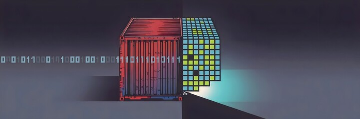 Shipping container morphing into glowing digital data cube with binary code – Ideal for digital innovation, data technology, or tech concept imagery.