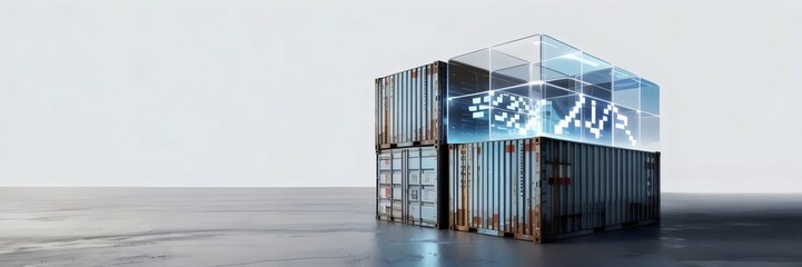 Naklejka premium Corrugated steel shipping container transforming into glowing digital data cube with shimmering blue light – Suitable for futuristic design, digital technology, or innovation imagery.