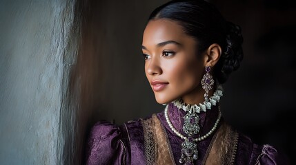 Latina woman gazes pensively in colonial attire