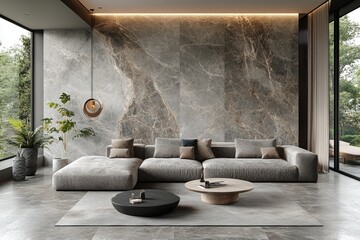 Modern gray stone wall complements a sectional sofa in a contemporary living area.