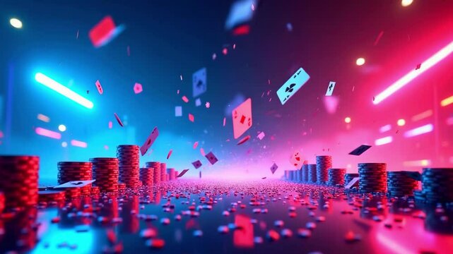 Colorful casino scene with flying playing cards and stacked chips, illuminated by neon lights