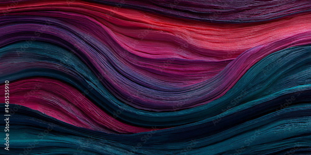 Poster Abstract image of wavy, layered fabric in teal, purple, and red hues creating a dynamic, flowing texture suitable for background or design element