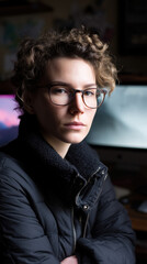 Obraz premium Casual portrait of a young Caucasian female coder with curly hair, wearing glasses and a black jacket, focused and serious in a tech workspace with computers in the background