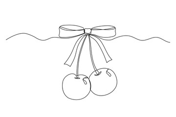 Coquette bow with cherry berry one line illustration, vector black line drawing on white, cute doodle ribbon