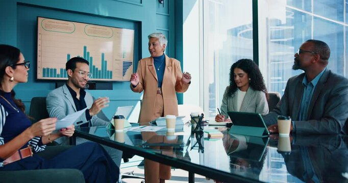 Business, people and screen in office for meeting, report presentation and feedback chart. Woman speaker, staff and workshop in boardroom for company growth, profit review and funding pitch with tech