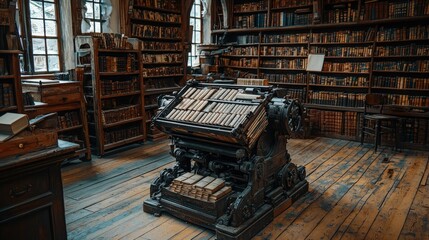 Antique printing press in a historic library setting.
