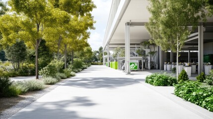 Obraz premium Modern, sustainable business park walkway. Lush landscaping borders a paved path leading to a modern, light-gray building, featuring ample greenery and light