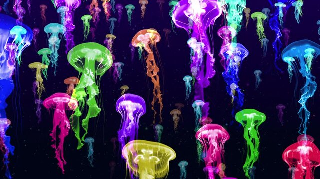 Color-changing bioluminescent jellyfish floating upwards, psychedelic loop. AI videos were used as elements along with traditional compositing and particle effects.