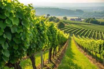 Green grape vines with juicy leaves in a sunny vineyard. High quality photo
