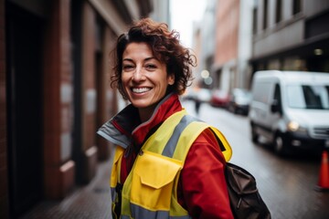 Smiling portrait of a middle aged female delivery worker working for a postal service in the city