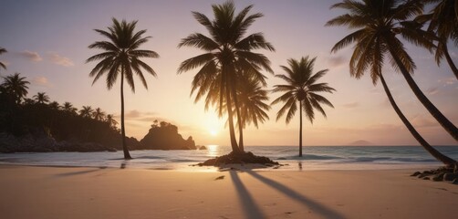 Lighted Christmas tree stands alone on secluded sandy beach; palm trees in background ,  festive,  tropical christmas,  decoration