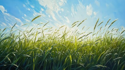 Obraz premium field of grass with tall blades reaching towards the sky, their tops moving in the wind