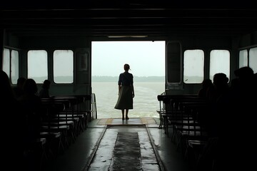 Woman in ferry silhouette reaching out gracefully  

