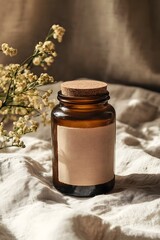 Glass jar with biodegradable label on linen cloth