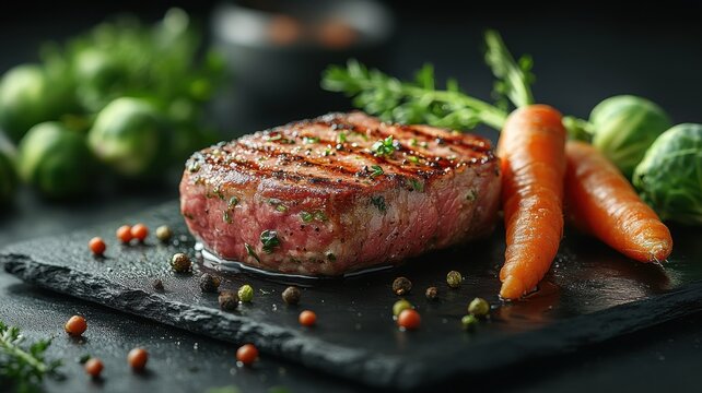 Grilled Steak with Carrots, Brussels Sprouts and Peppercorns on Dark Background peppercorns beef tea