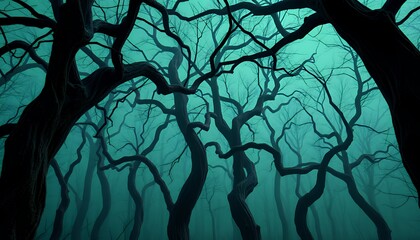 Naklejka premium Isolated on Green Screen Background Dark Teal Haunted Forest Pixel Art with Gnarled Leafless Trees for Horror Thriller and Fantasy Visual Effects Production Elements