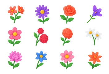 Set of 3D floral icons isolated on transparent or white background, png