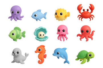 Obraz premium Set of 3D cute animal heads isolated on transparent or white background, png