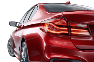 Sleek red car from a rear perspective, highlighting its design and polished finish. Png, Transparent background.