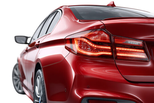 Sleek red car from a rear perspective, highlighting its design and polished finish. Png, Transparent background.