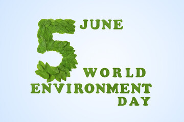 Design with the image of the number 5 of green leaves on white blue background. World Environment day, 05 June. Beat plastic pollution. Ecology concept.