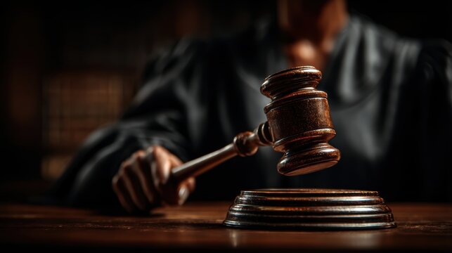 Elegant female judge preparing to strike gavel on sounding block in court of law