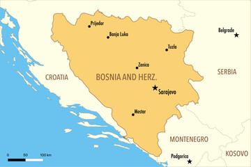 Obraz premium Vector Map of Bosnia and Herzegovina with Major Cities and Neighboring Countries – Editable Illustration