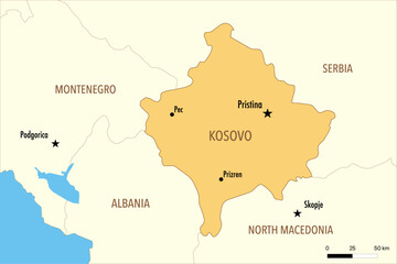 Obraz premium Vector Map of Kosovo with Major Cities and Neighboring Countries – Editable Illustration