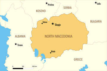 Vector Map of North Macedonia with Major Cities and Neighboring Countries – Editable Illustration
