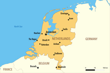 Obraz premium Vector Map of Netherlands with Major Cities and Neighboring Countries – Editable Illustration