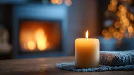 Warm glow of candle by cozy fireplace with soft blanket and bokeh lights in background