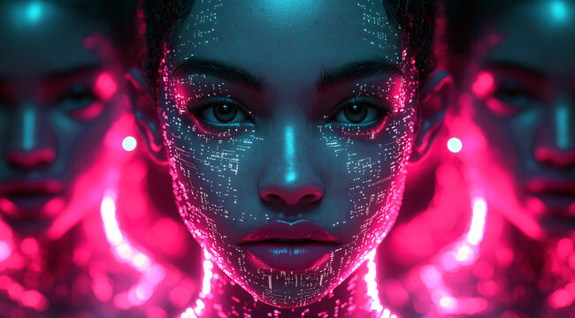 AI Artificial intelligence cyber. Futuristic AI abstract design, intricate circuitry pattern. AI Robot face, virtual human, virtual character, digital clone, machine learning. Realistic photo - Powered by Adobe
