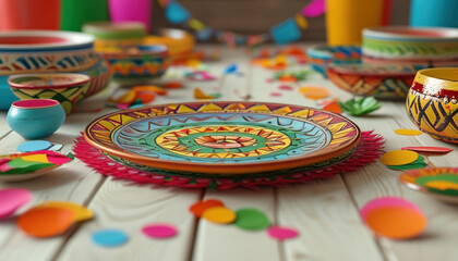 Fototapeta premium Colorful mexican fiesta table setting with traditional pottery and festive decorations, ideal for celebration concepts with copy space