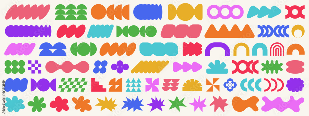 Aufkleber set of cool abstract geometric shapes vector design. brutalist elements collection. comic stickers p