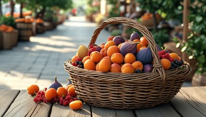Rustic market table display with assorted fruits in basket for harvest theme decor with copy space