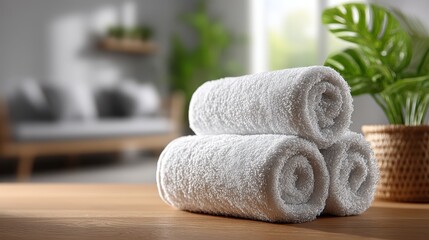 Neatly rolled white towels on white table with copy space, blurred living room background
