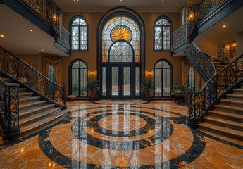 Obraz premium Grand entryway with opulent design and stunning stained glass.