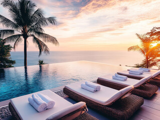 Obraz na płótnie Canvas Relaxing sunset view from luxury infinity pool overlooking ocean with lounge chairs and palm trees