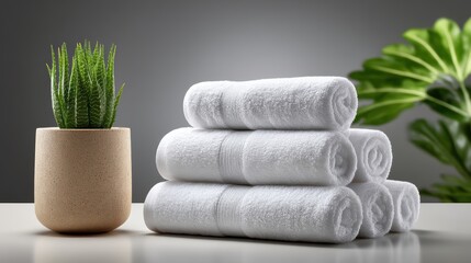 Clean and modern setup with rolled white towels on a white table, ideal for product display montage