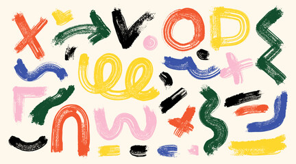 Set of with various geometric trendy shape. Abstract brush drawn geometric figures, objects ornament. Collection of arrow, circles, swirls, asterisk, curved bold lines. Vector bright color pattern.