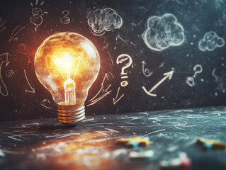 Light bulb illuminating a dark space with creative ideas on the chalkboard
