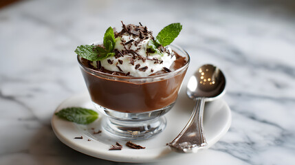 A Chocolate Pudding With Whipped Cream And Mint On A Plate (AI Image)