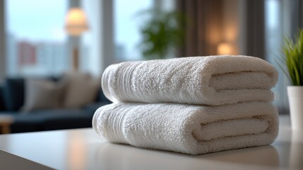 Soft and serene atmosphere: white towels on a clean white table with blurred modern living room setting