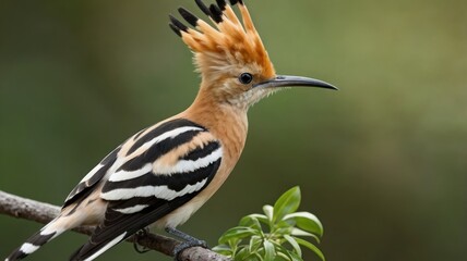 A vibrant Hoopoe perched on a branch.  A striking bird with a flamboyant crest and striped plumage