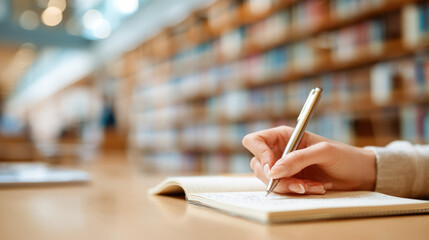 Female hand writing in notebook at library with shelves of books in background