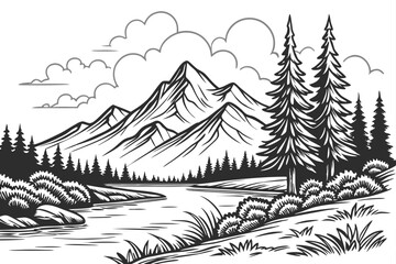19 Mountain landscape, serene lake, pine trees, detailed pencil sketch, black and white illustration, clouds, nature scene, tranquil water, reflections, forest, wilderness, scenic view, artistic drawi