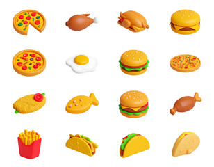 Fast food, street food 3d vector icon set. Pizza, roasted turkey, hamburger, scrambled eggs, brocheta, fried fish, tacos, french fries,fast, three-dimensional, design element, fish, french, hamburger,