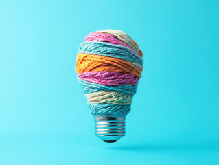 Colorful yarn arranged in the shape of a light bulb on a blue background